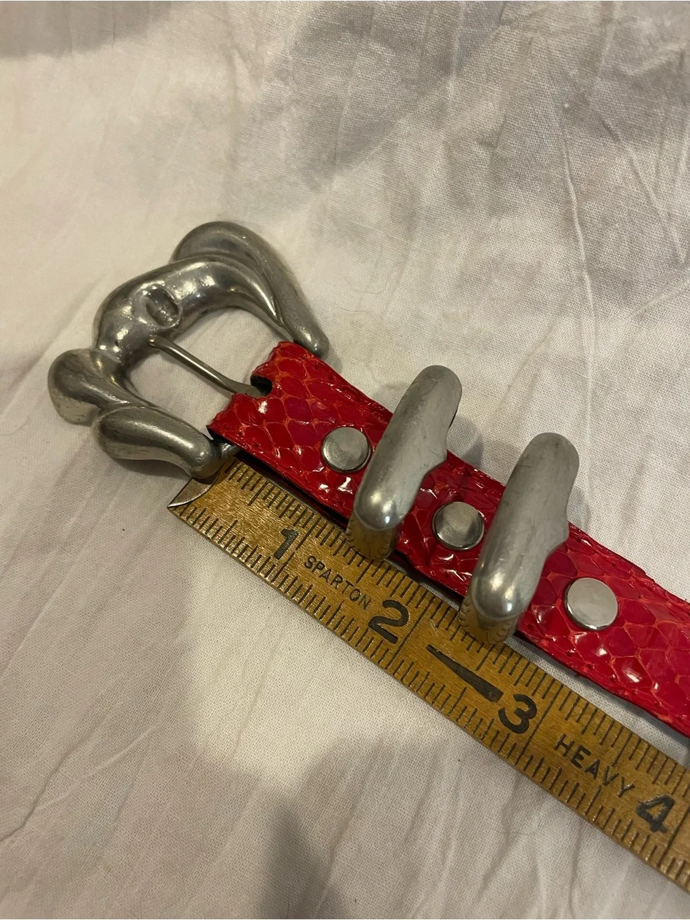 Vintage CIA Genuine Red Snakeskin Belt USA Sculptural Pewter Buckle Small